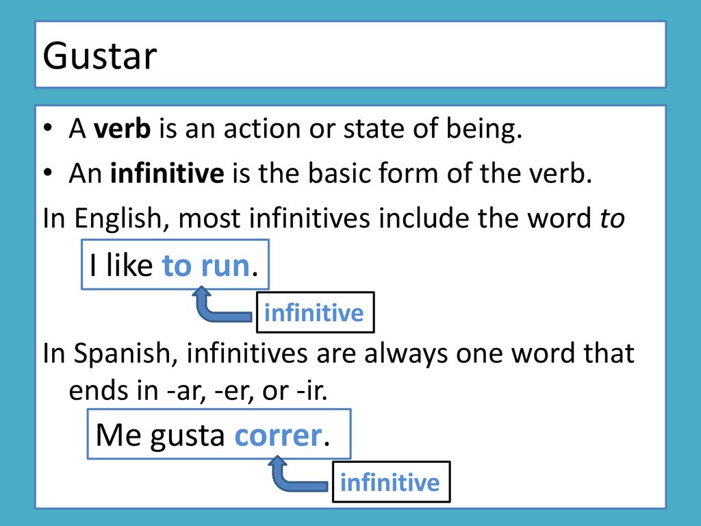 Gustar I like to run. Me gusta correr.