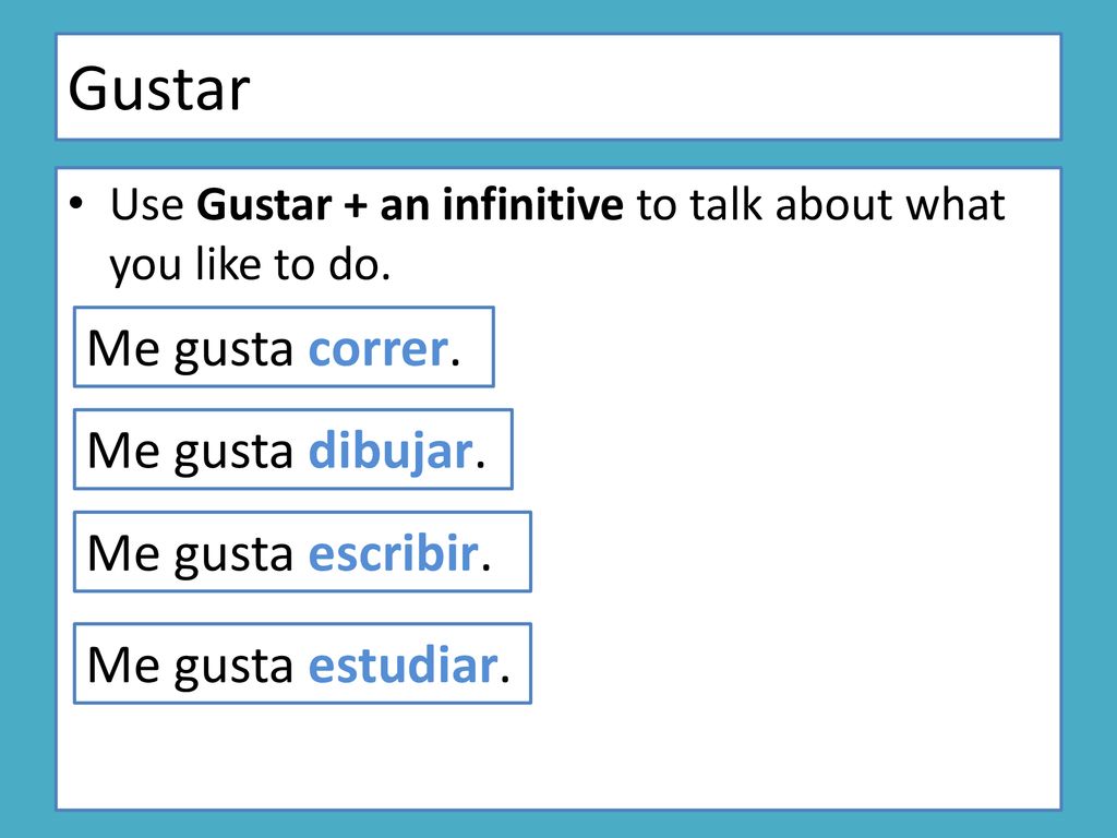 Gustar Me gusta correr. Me gusta dibujar. Me gusta escribir.