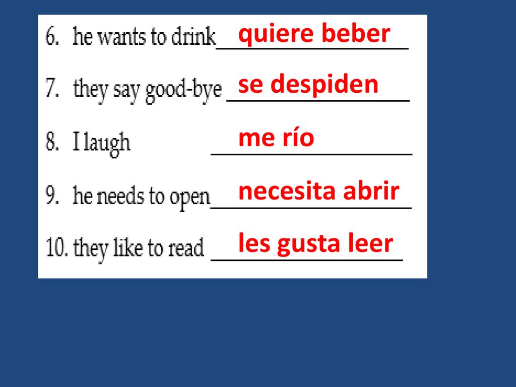 quiere beber se despiden me río necesita abrir les gusta leer