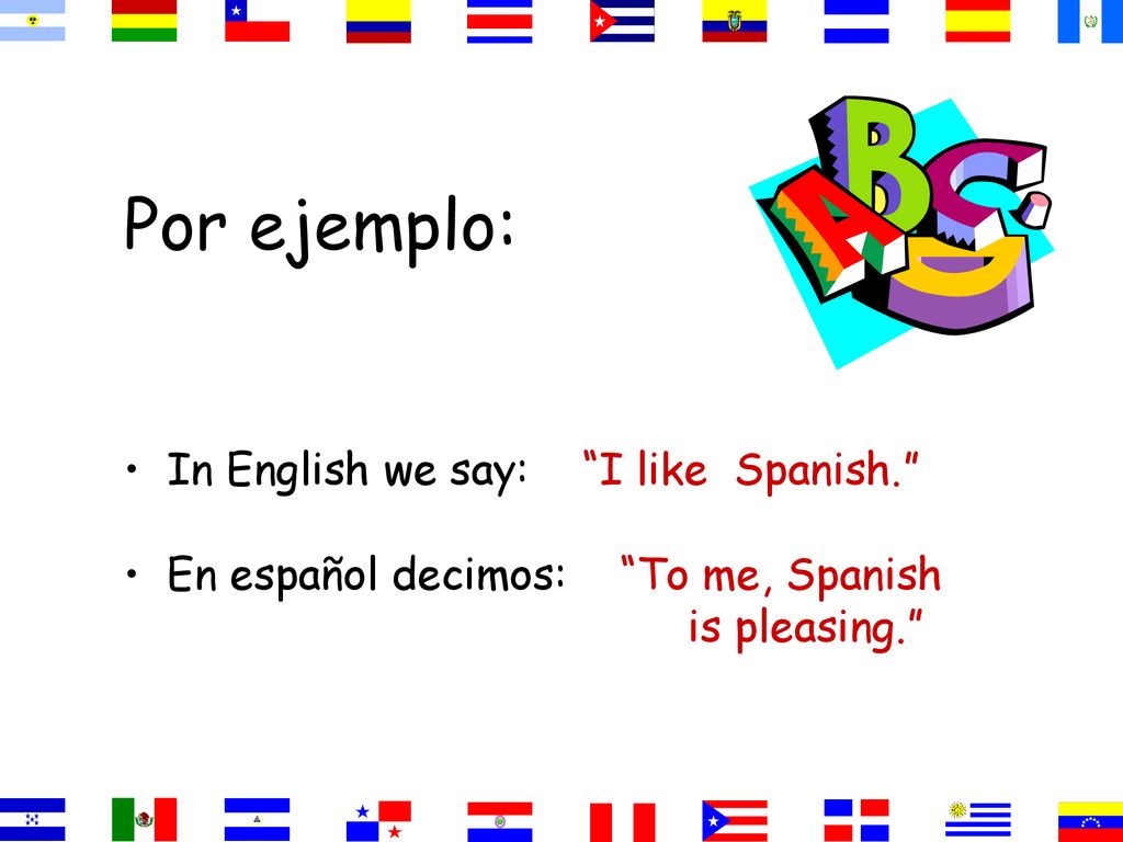 Por ejemplo: In English we say: I like Spanish.