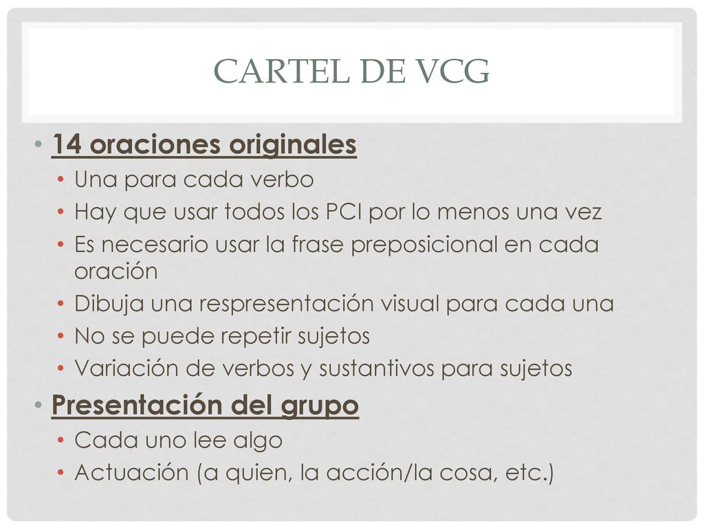 Cartel de VCG 14 oraciones originales Presentación del grupo