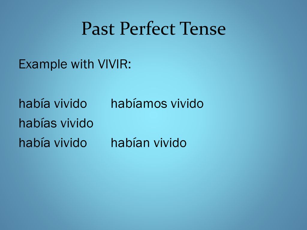 Past Perfect Tense Example with VIVIR: había vivido habíamos vivido habías vivido había vivido habían vivido