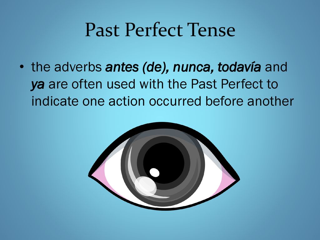Past Perfect Tense the adverbs antes (de), nunca, todavía and ya are often used with the Past Perfect to indicate one action occurred before another.