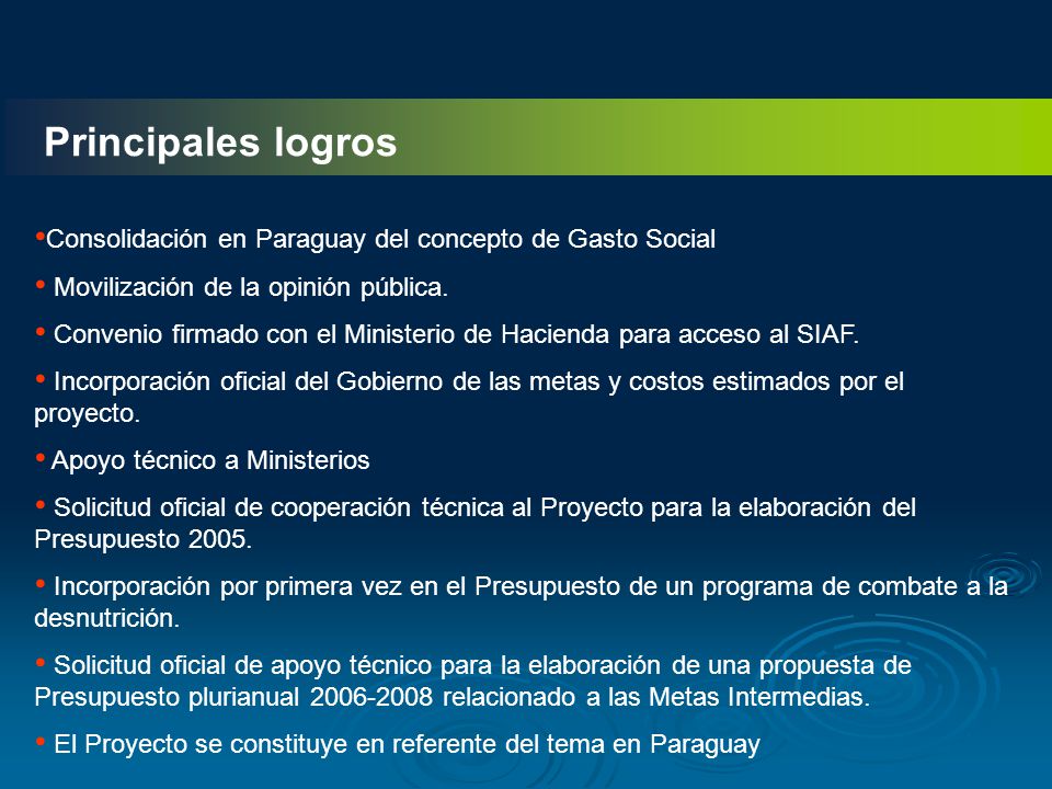 Principales logros Consolidación en Paraguay del concepto de Gasto Social. Movilización de la opinión pública.