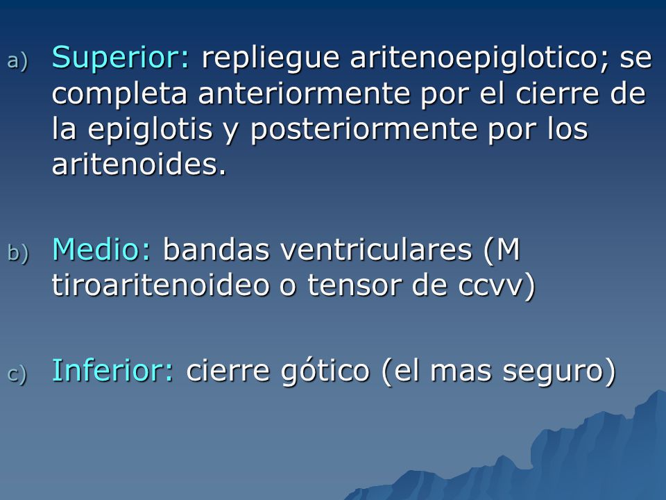 Superior: repliegue aritenoepiglotico; se completa anteriormente por el cierre de la epiglotis y posteriormente por los aritenoides.