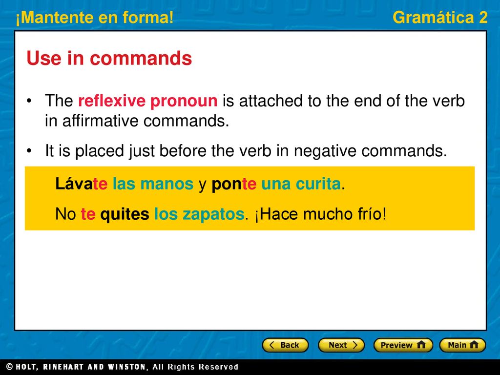 Use in commands The reflexive pronoun is attached to the end of the verb in affirmative commands.