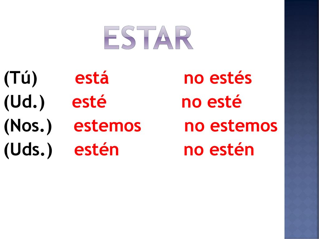 estar (Tú) está no estés (Ud.) esté no esté (Nos.) estemos no estemos (Uds.) estén no estén