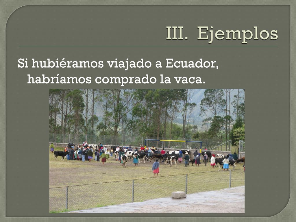 III. Ejemplos Si hubiéramos viajado a Ecuador, habríamos comprado la vaca.