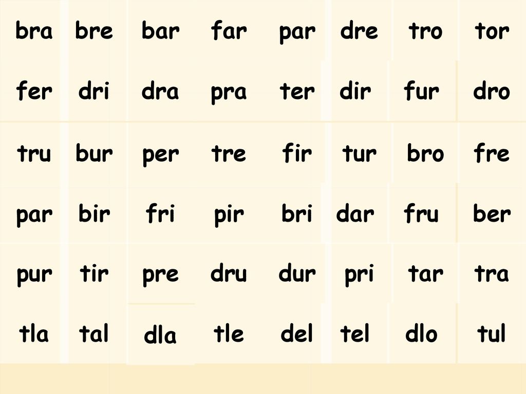bra bre. bar. far. par. dre. tro. tor. fer. dri. dra. pra. ter. dir. fur. dro. tru. bur.