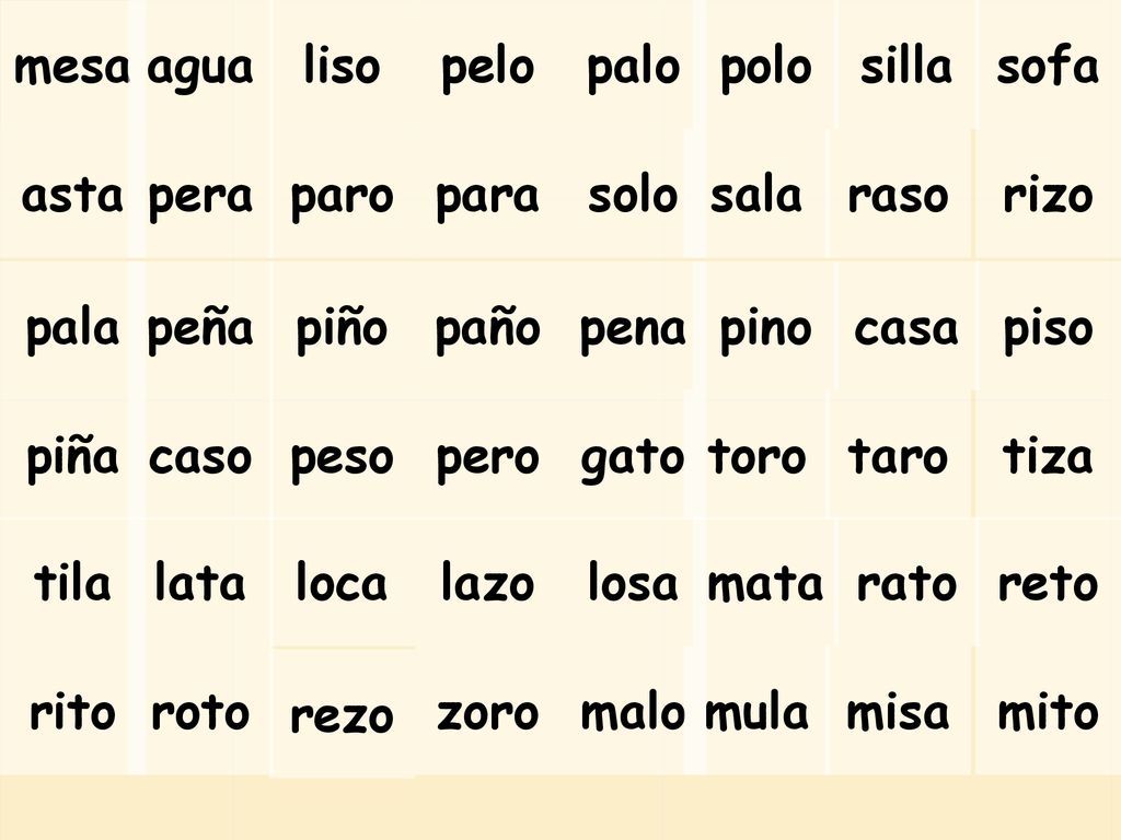 mesa agua. liso. pelo. palo. polo. silla. sofa. asta. pera. paro. para. solo. sala. raso.