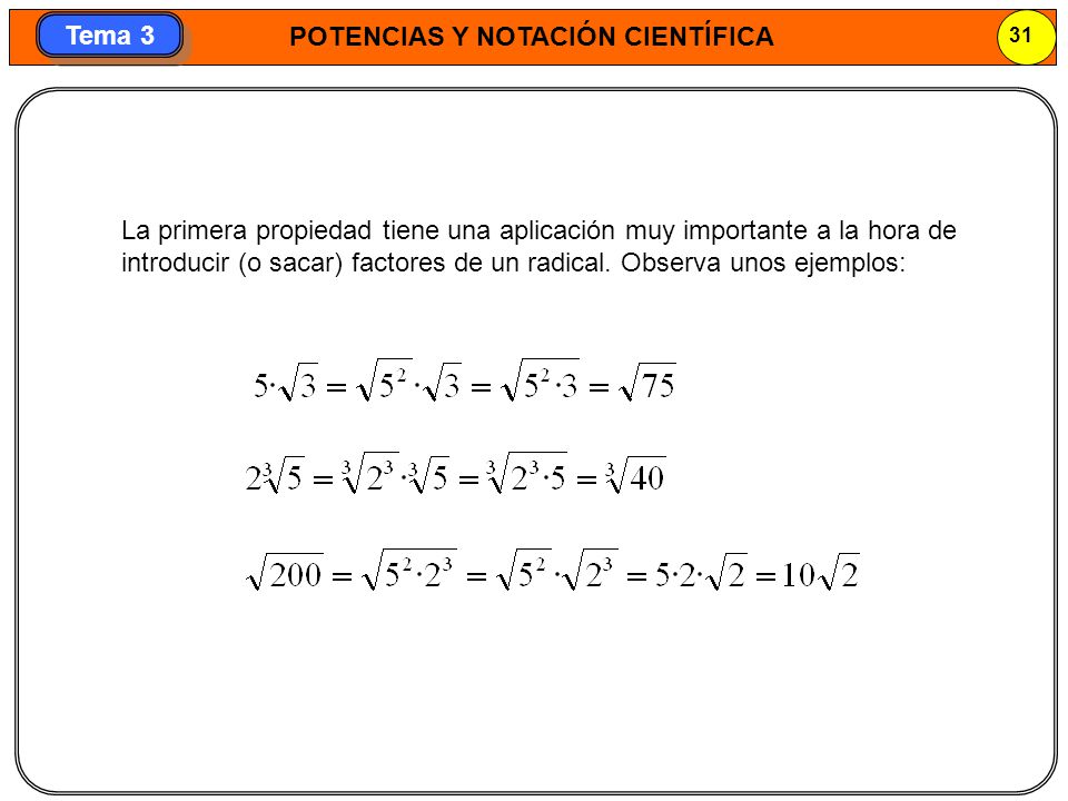 La primera propiedad tiene una aplicación muy importante a la hora de introducir (o sacar) factores de un radical.