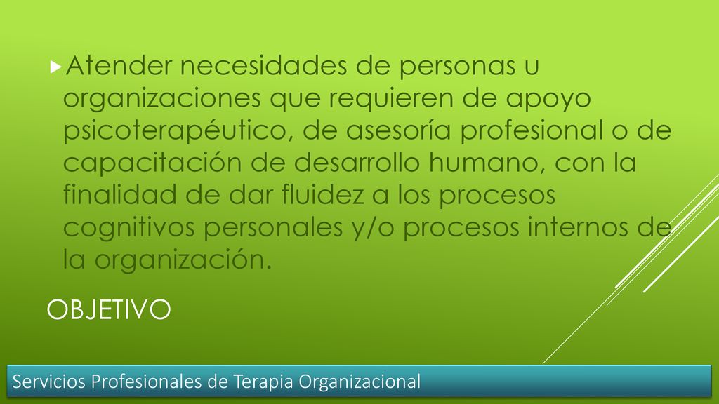 Atender necesidades de personas u organizaciones que requieren de apoyo psicoterapéutico, de asesoría profesional o de capacitación de desarrollo humano, con la finalidad de dar fluidez a los procesos cognitivos personales y/o procesos internos de la organización.