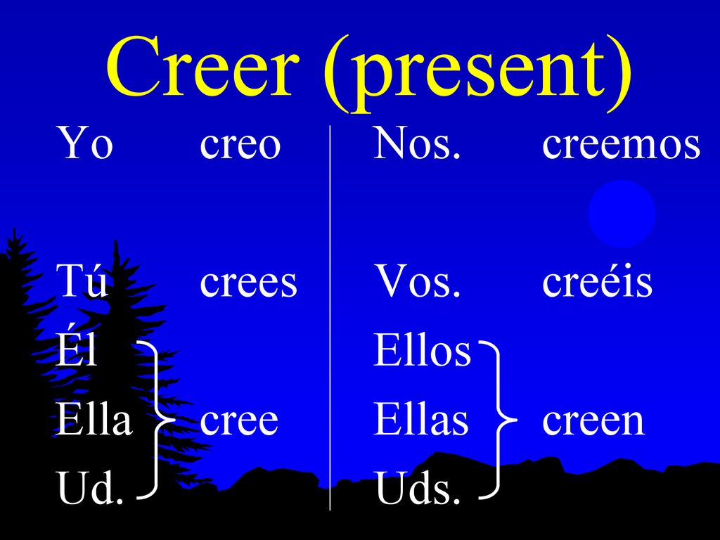 Creer (present) Yo creo Tú crees Él Ella cree Ud. Nos. creemos