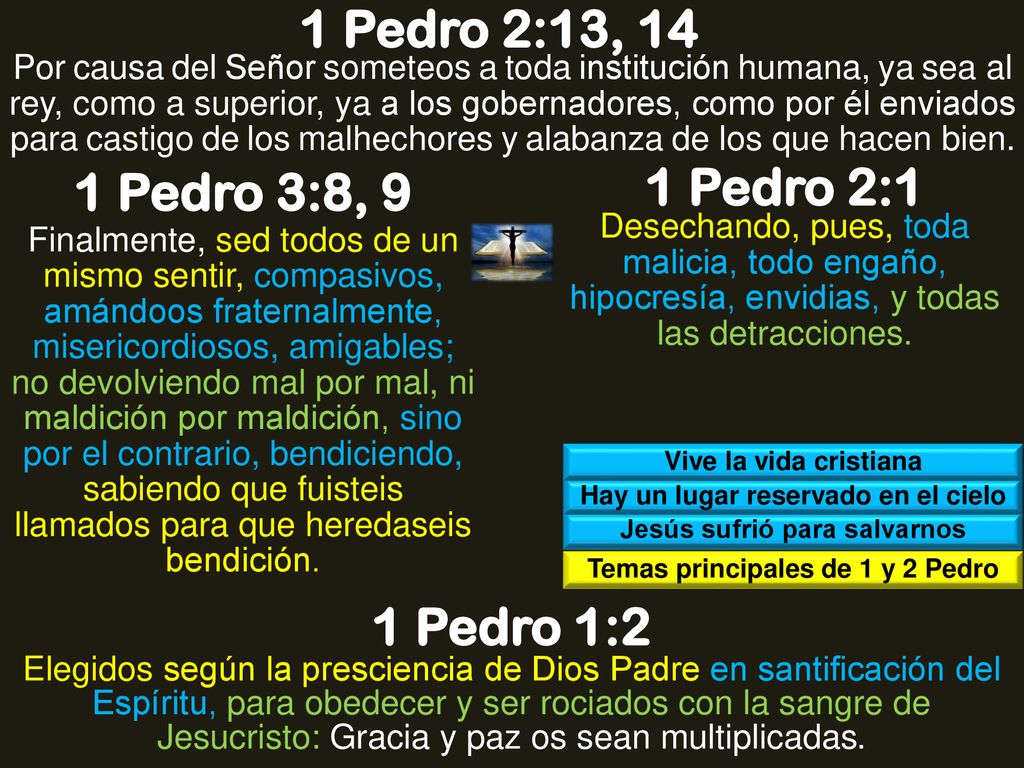 1 Pedro 2:13, 14 1 Pedro 3:8, 9 1 Pedro 2:1 1 Pedro 1:2