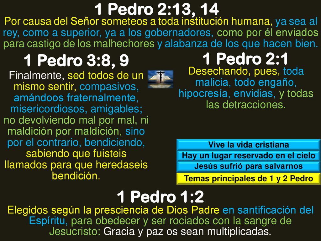 1 Pedro 2:13, 14 1 Pedro 3:8, 9 1 Pedro 2:1 1 Pedro 1:2