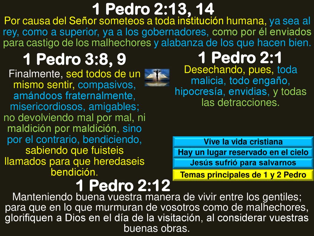 1 Pedro 2:13, 14 1 Pedro 3:8, 9 1 Pedro 2:1 1 Pedro 2:12