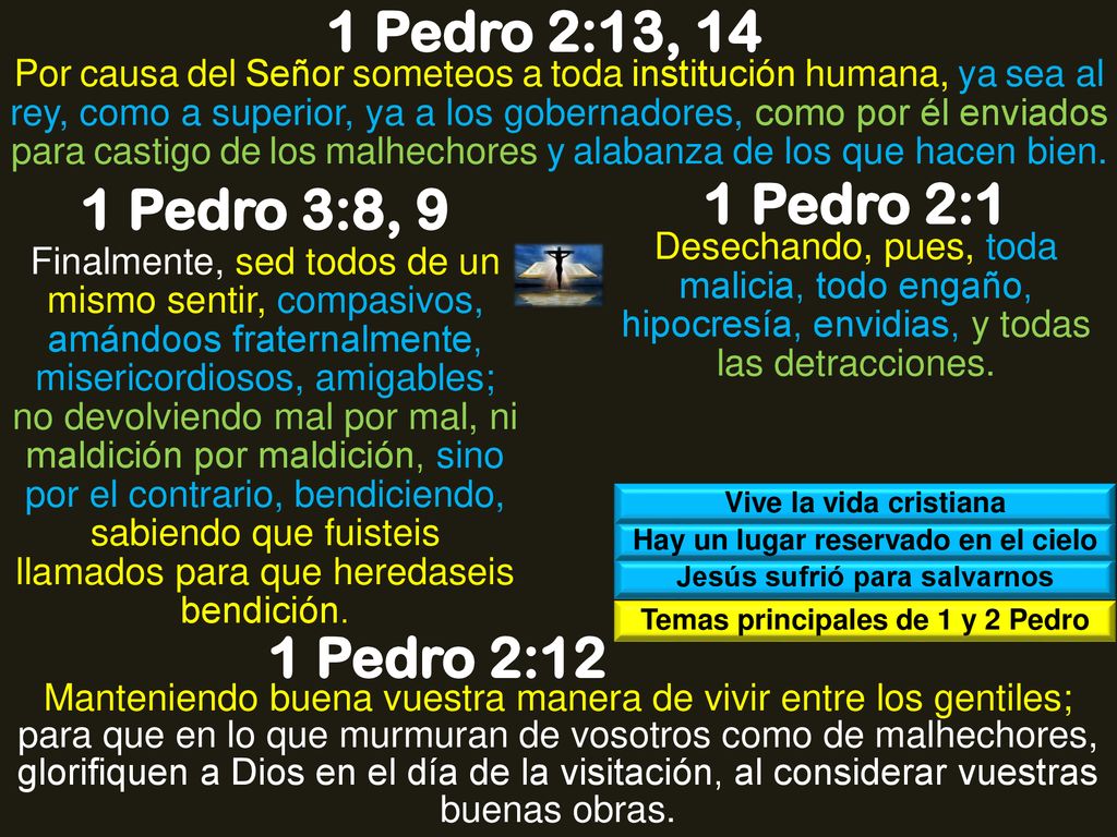 1 Pedro 2:13, 14 1 Pedro 3:8, 9 1 Pedro 2:1 1 Pedro 2:12