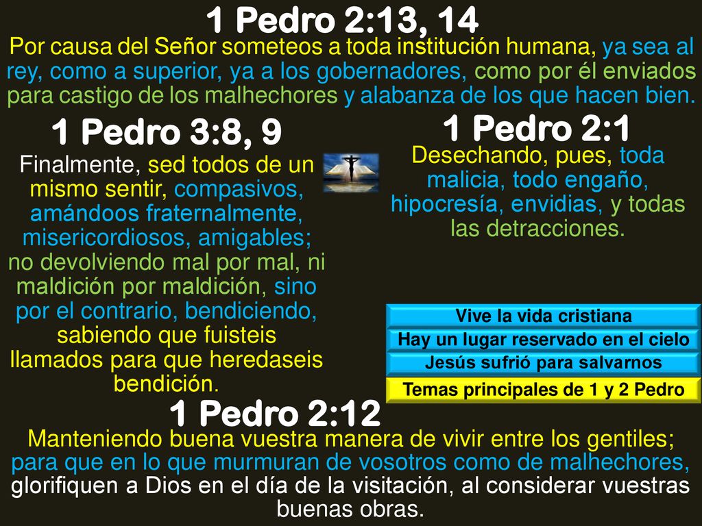 1 Pedro 2:13, 14 1 Pedro 3:8, 9 1 Pedro 2:1 1 Pedro 2:12