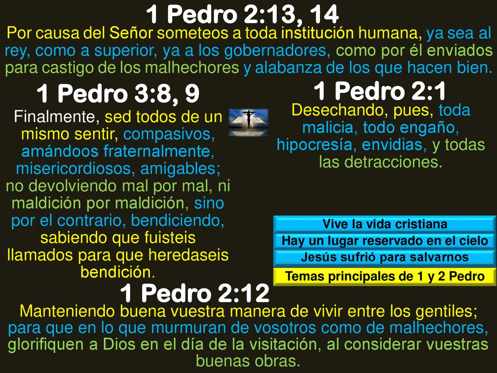 1 Pedro 2:13, 14 1 Pedro 3:8, 9 1 Pedro 2:1 1 Pedro 2:12