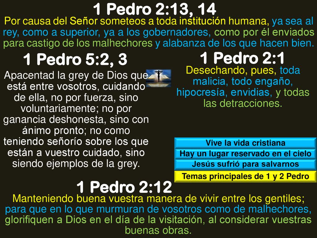 1 Pedro 2:13, 14 1 Pedro 5:2, 3 1 Pedro 2:1 1 Pedro 2:12