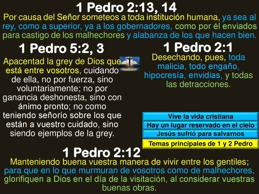 1 Pedro 2:13, 14 1 Pedro 5:2, 3 1 Pedro 2:1 1 Pedro 2:12