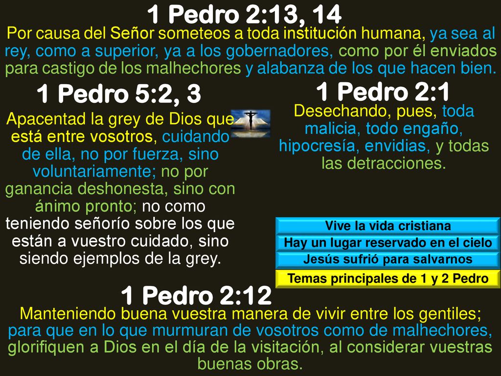 1 Pedro 2:13, 14 1 Pedro 5:2, 3 1 Pedro 2:1 1 Pedro 2:12