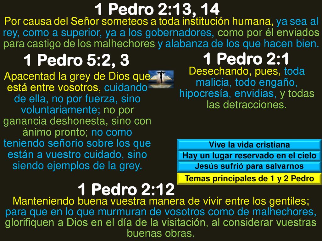 1 Pedro 2:13, 14 1 Pedro 5:2, 3 1 Pedro 2:1 1 Pedro 2:12