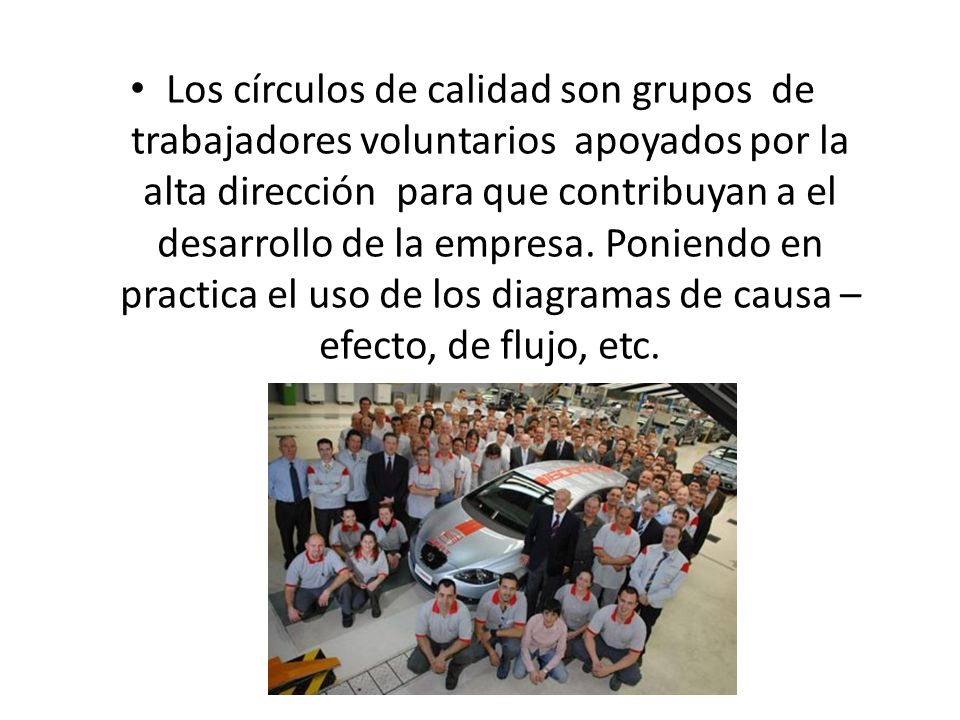 Los círculos de calidad son grupos de trabajadores voluntarios apoyados por la alta dirección para que contribuyan a el desarrollo de la empresa.
