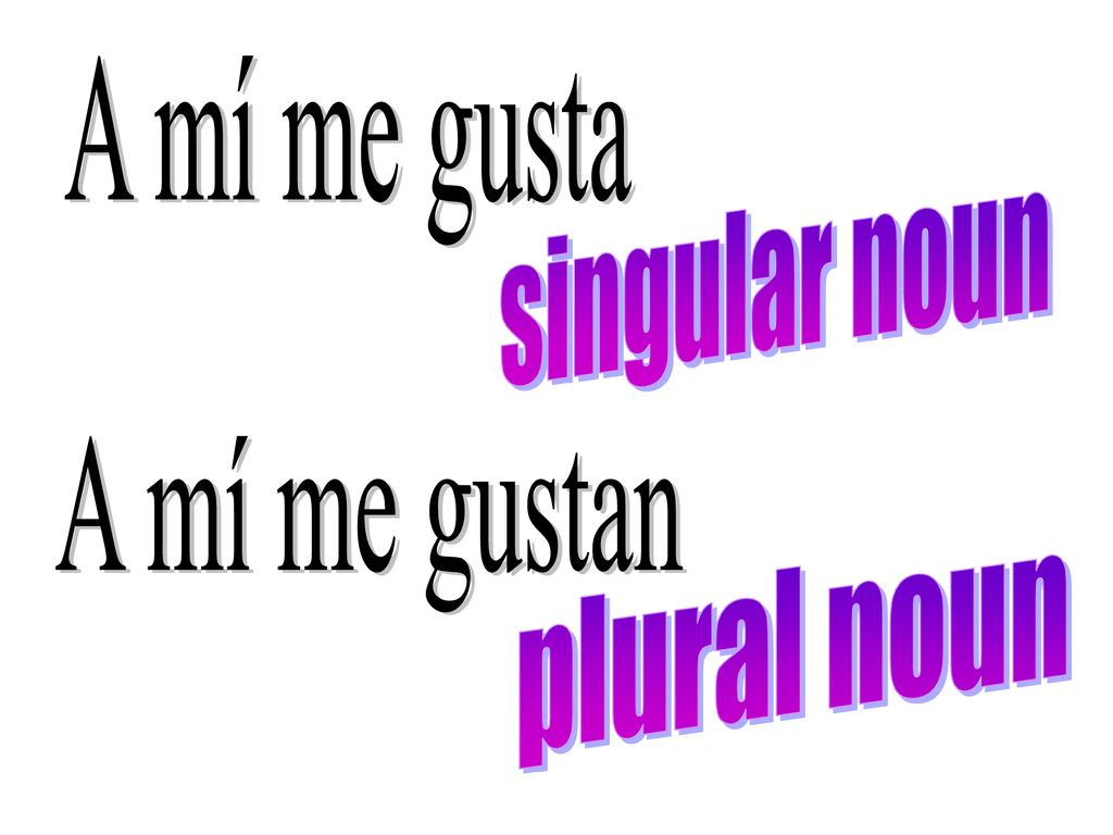 A mí me gusta singular noun A mí me gustan plural noun