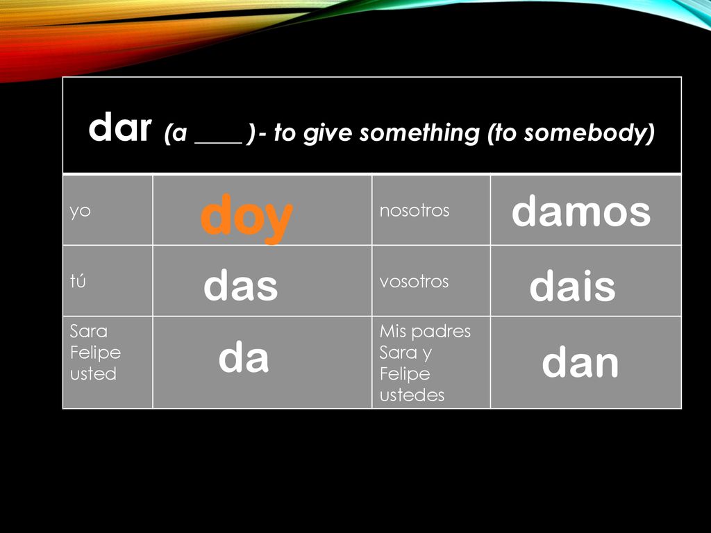 dar (a ____ )- to give something (to somebody)