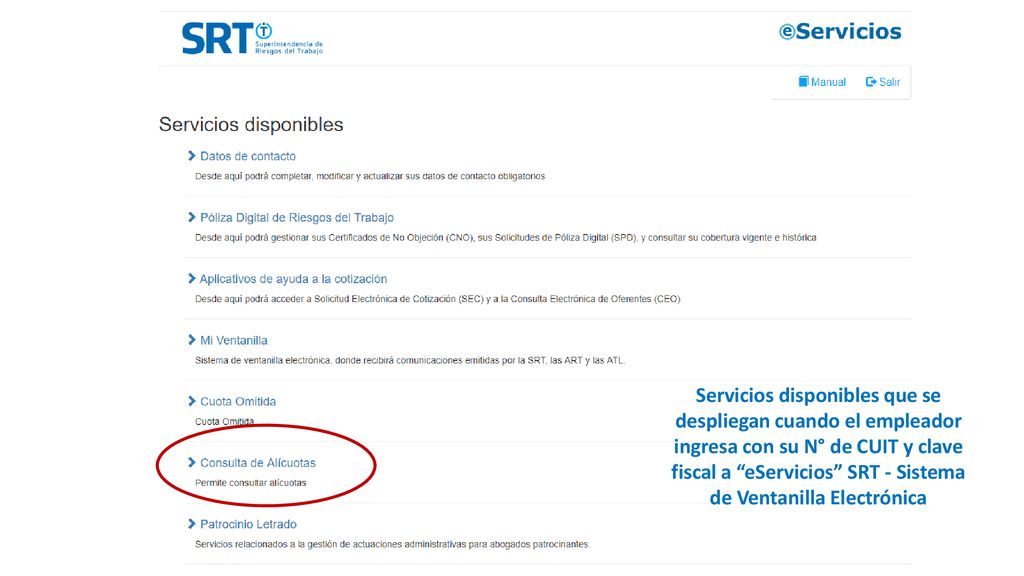Servicios disponibles que se despliegan cuando el empleador ingresa con su N° de CUIT y clave fiscal a eServicios SRT - Sistema de Ventanilla Electrónica