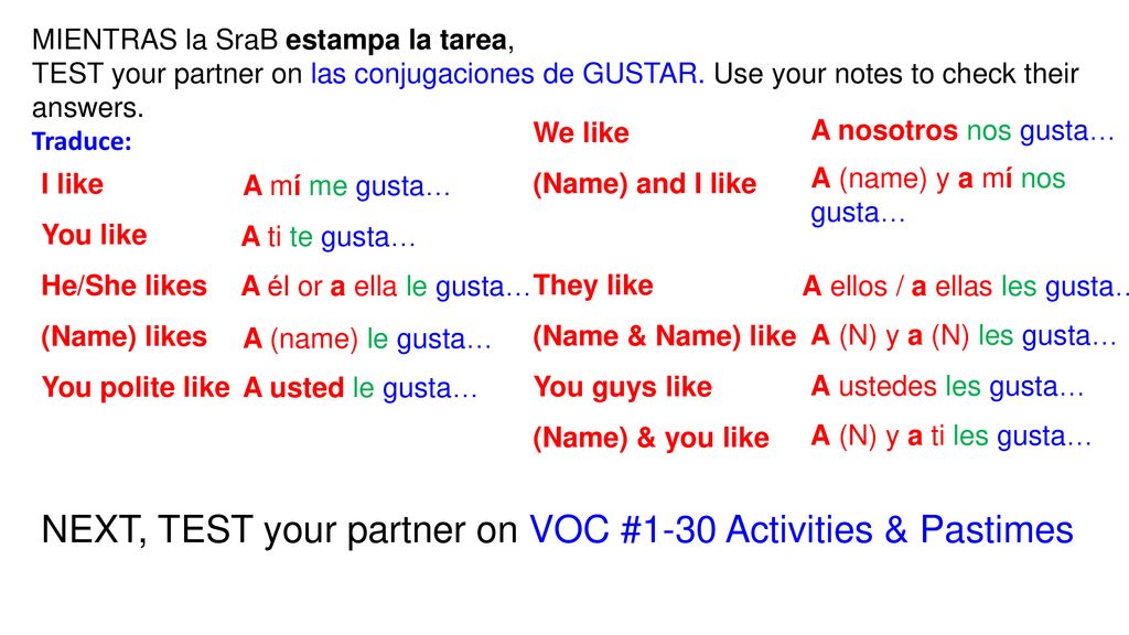 NEXT, TEST your partner on VOC #1-30 Activities & Pastimes