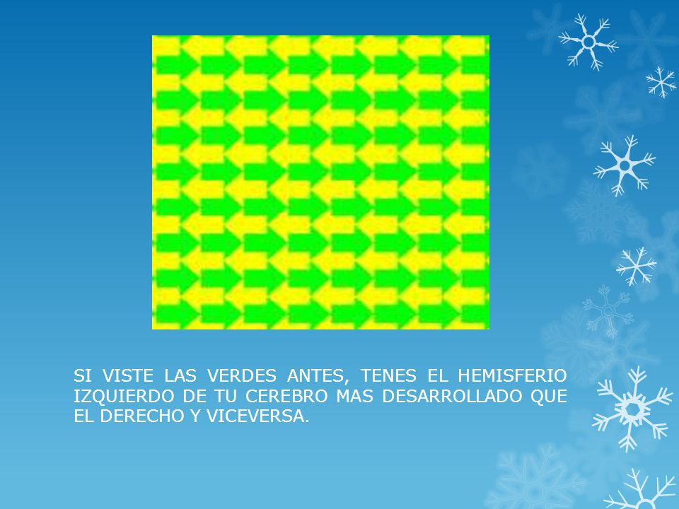 SI VISTE LAS VERDES ANTES, TENES EL HEMISFERIO IZQUIERDO DE TU CEREBRO MAS DESARROLLADO QUE EL DERECHO Y VICEVERSA.