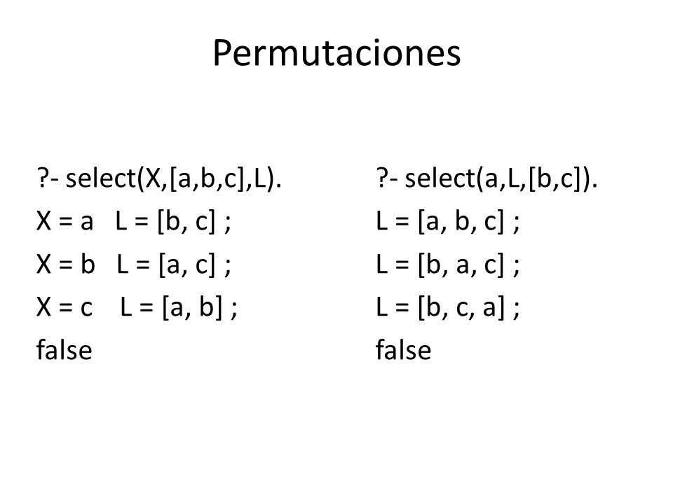 Permutaciones - select(X,[a,b,c],L). X = a L = [b, c] ;