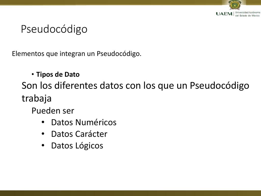 Pseudocódigo Son los diferentes datos con los que un Pseudocódigo