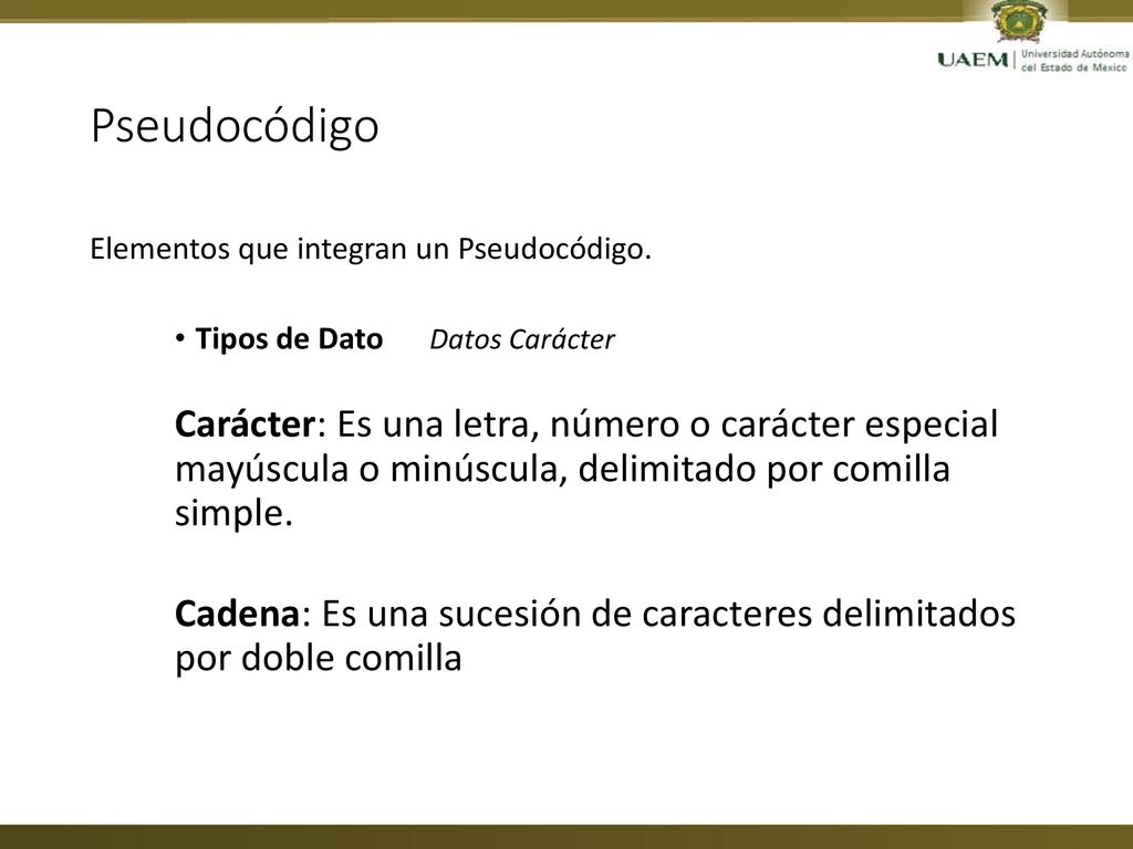 Pseudocódigo Elementos que integran un Pseudocódigo. Tipos de Dato Datos Carácter.