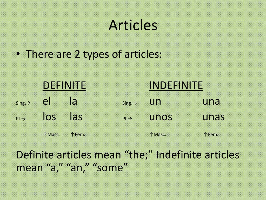 Articles There are 2 types of articles: DEFINITE INDEFINITE