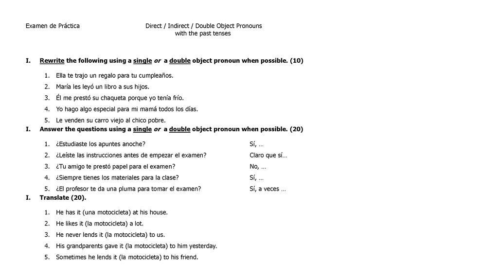 Examen de Práctica Direct / Indirect / Double Object Pronouns