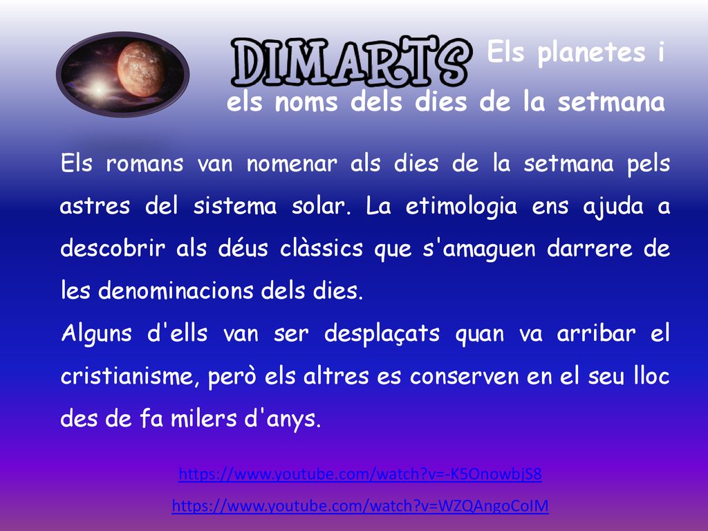 Els planetes i els noms dels dies de la setmana