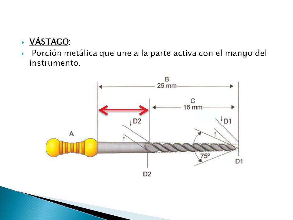 VÁSTAGO: Porción metálica que une a la parte activa con el mango del instrumento.