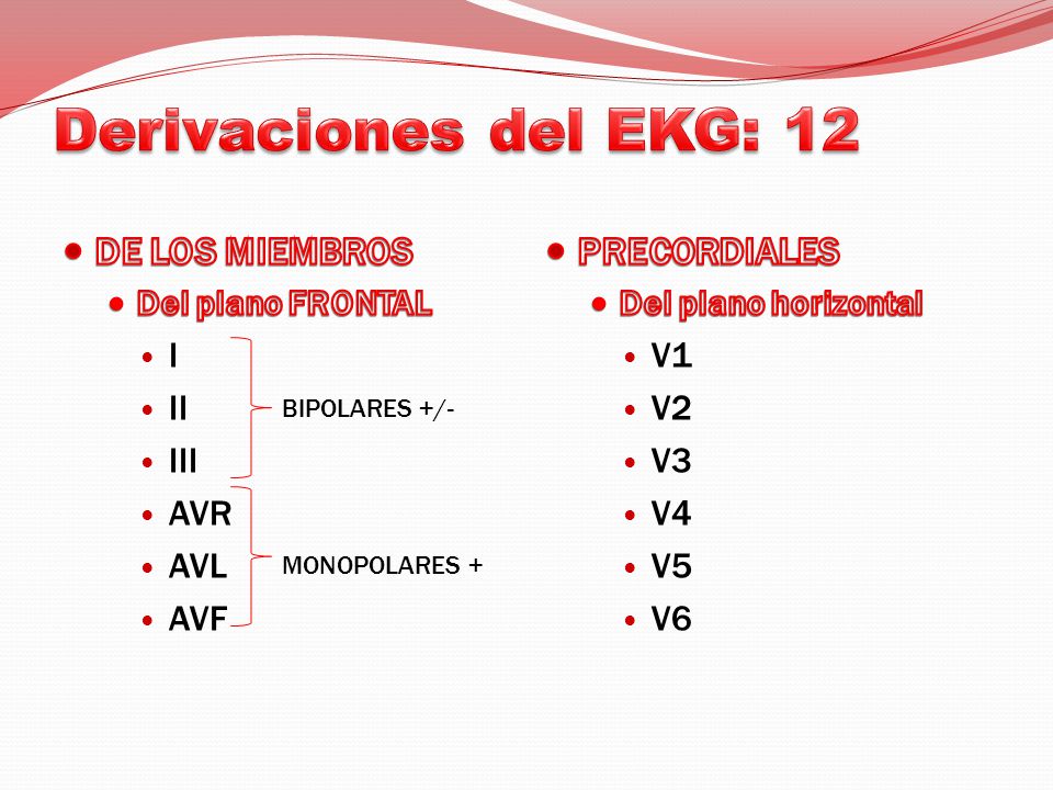 Derivaciones del EKG: 12 DE LOS MIEMBROS PRECORDIALES I II III AVR AVL