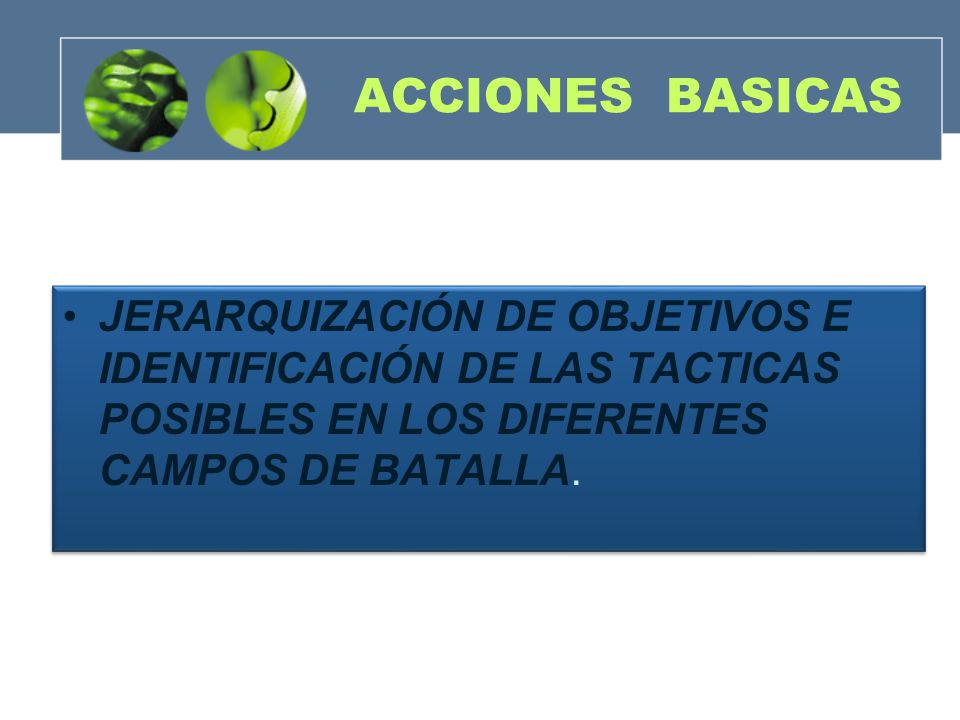 ACCIONES BASICAS JERARQUIZACIÓN DE OBJETIVOS E IDENTIFICACIÓN DE LAS TACTICAS POSIBLES EN LOS DIFERENTES CAMPOS DE BATALLA.