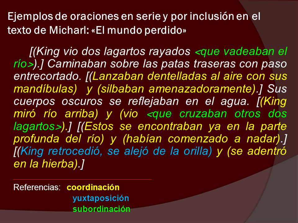 Ejemplos de oraciones en serie y por inclusión en el texto de Micharl: «El mundo perdido»