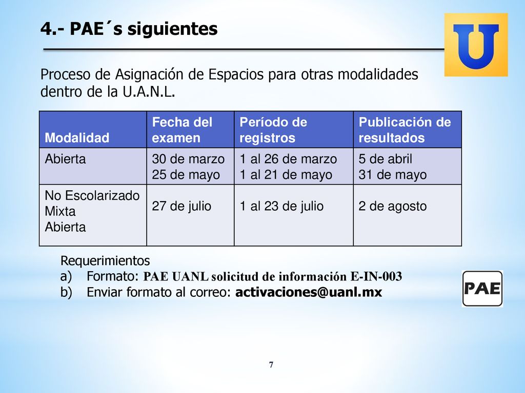 4.- PAE´s siguientes Proceso de Asignación de Espacios para otras modalidades dentro de la U.A.N.L.