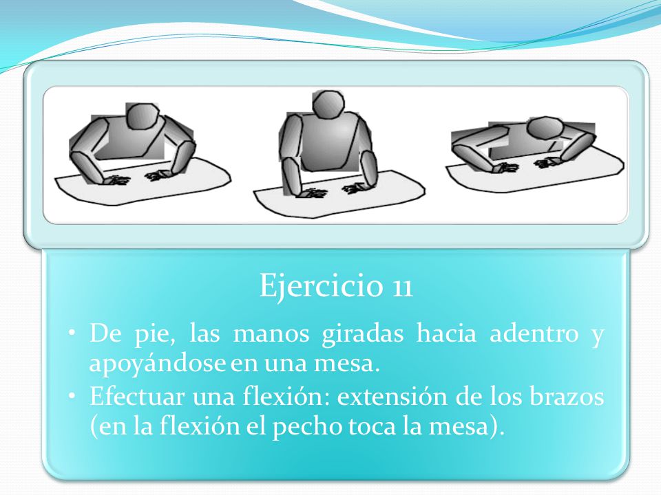 Ejercicio 11 De pie, las manos giradas hacia adentro y apoyándose en una mesa.