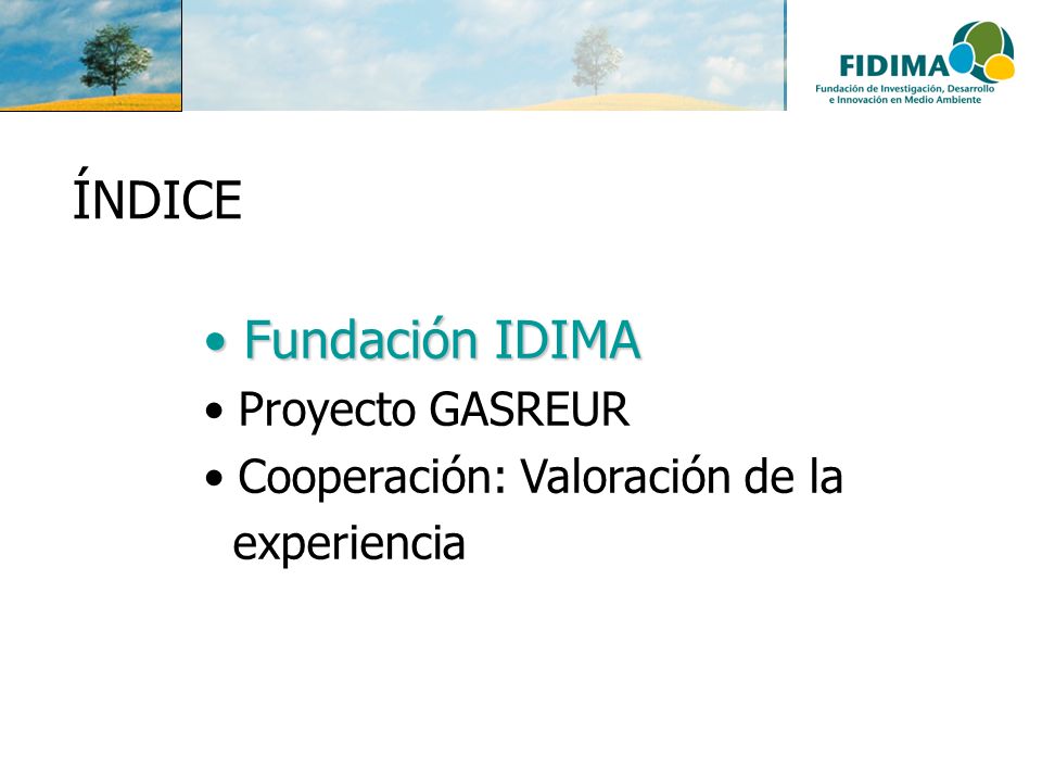 ÍNDICE Fundación IDIMA Proyecto GASREUR Cooperación: Valoración de la