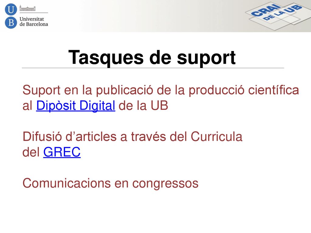 Tasques de suport Suport en la publicació de la producció científica