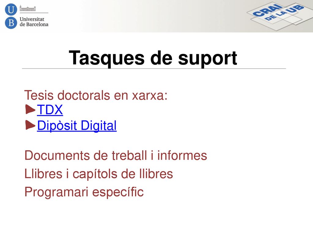 Tasques de suport Tesis doctorals en xarxa: ►TDX ►Dipòsit Digital