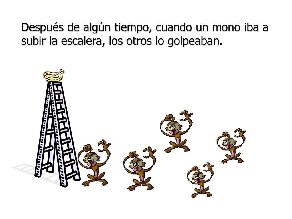 Después de algún tiempo, cuando un mono iba a subir la escalera, los otros lo golpeaban.