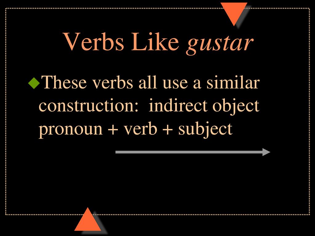 Verbs Like gustar These verbs all use a similar construction: indirect object pronoun + verb + subject.